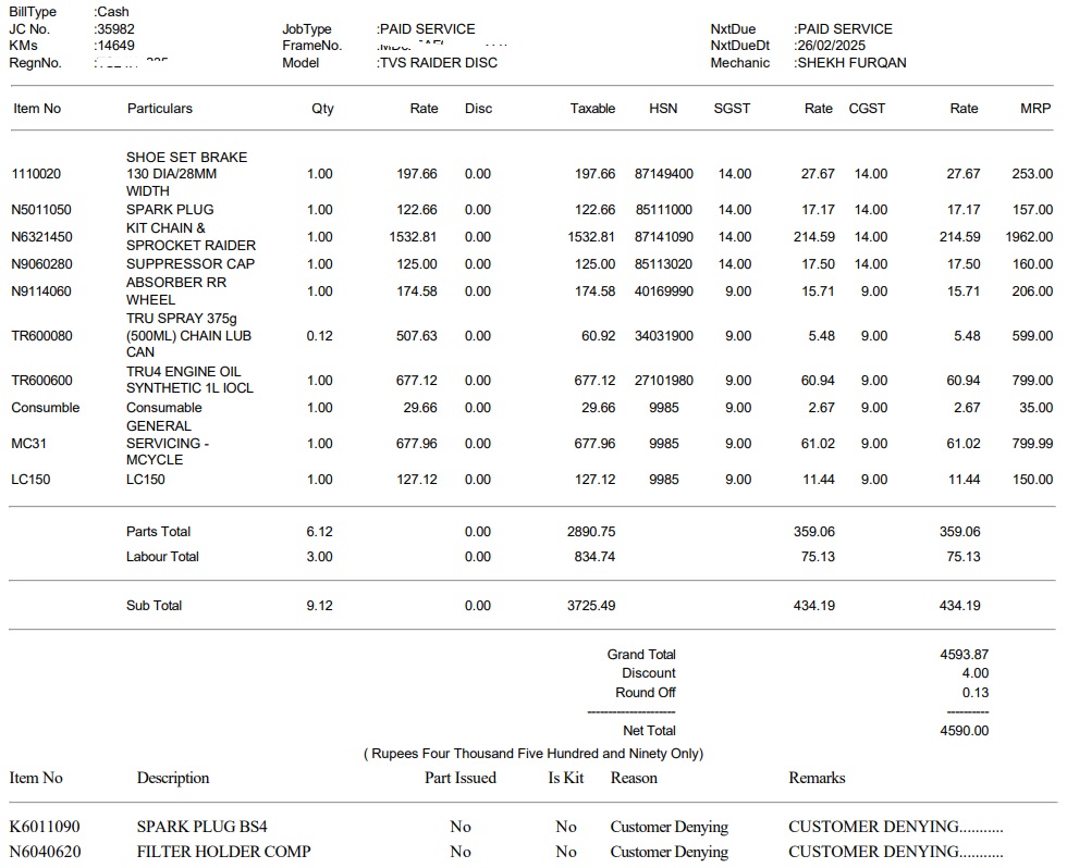 tvs raider 4th service cost