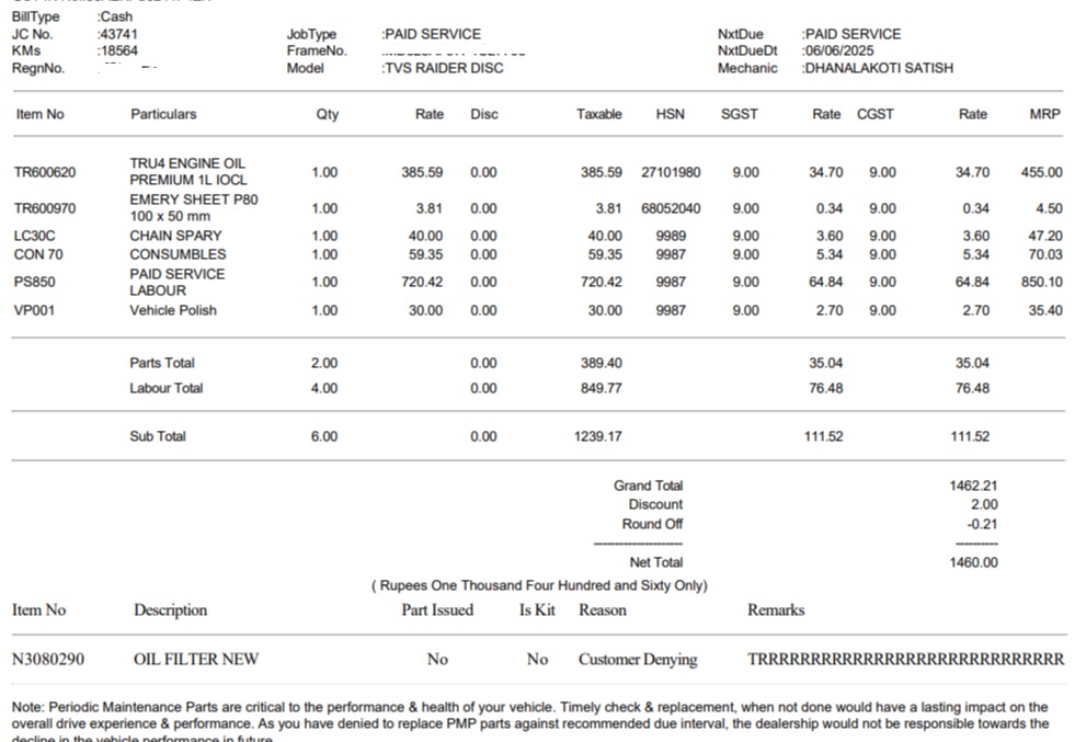 tvs raider 5th service cost